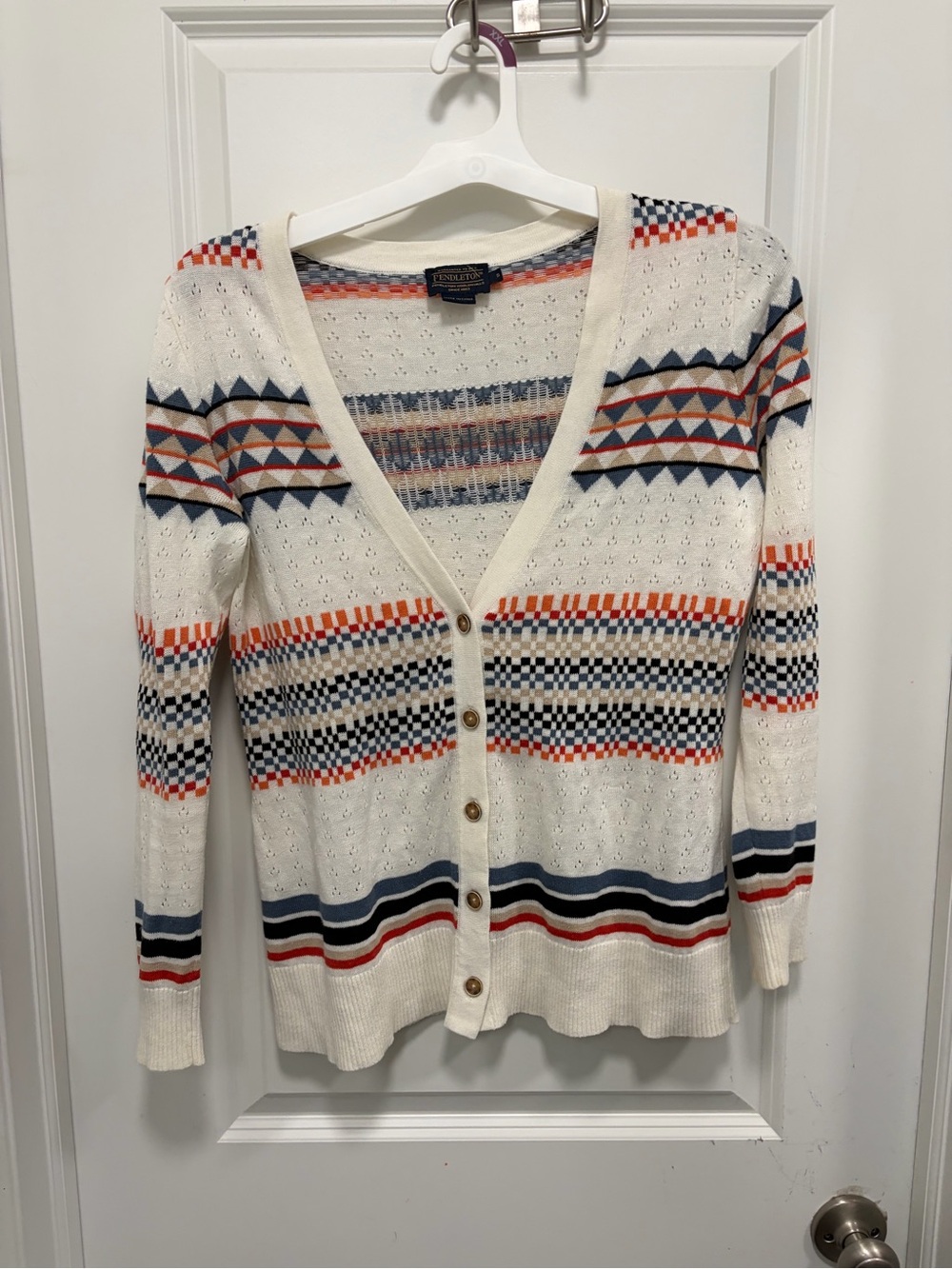 Pendleton Cream V-Neck Striped Button Cardigan Sweater linen blend small
